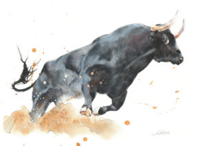 Andalousie, taureau aquarelle oeuvre originale aqualowe